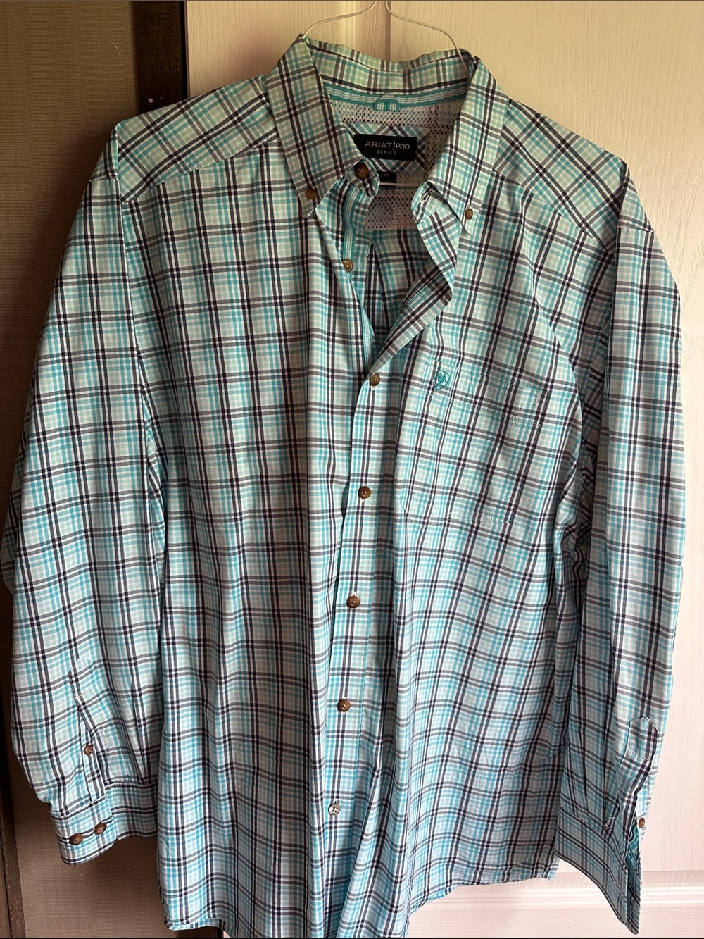 XL Ariat Pro Men's Teal Plaid Button-Down Shirt
